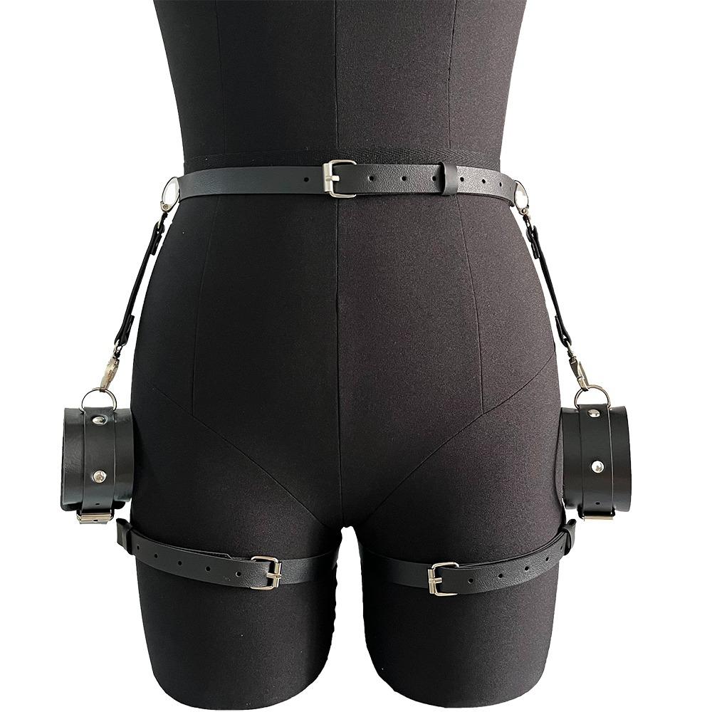 Women'S Sexy Leg Harness Belt Pu Leather Erotic Leg Harness Bdsm Bondage With Handcuffs Belt Fetish Sex Toy Accessory