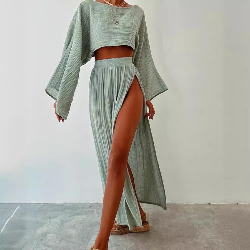 2024 Chic Linen Blend Cropped Top & High Waist Slit Two-Piece Suit