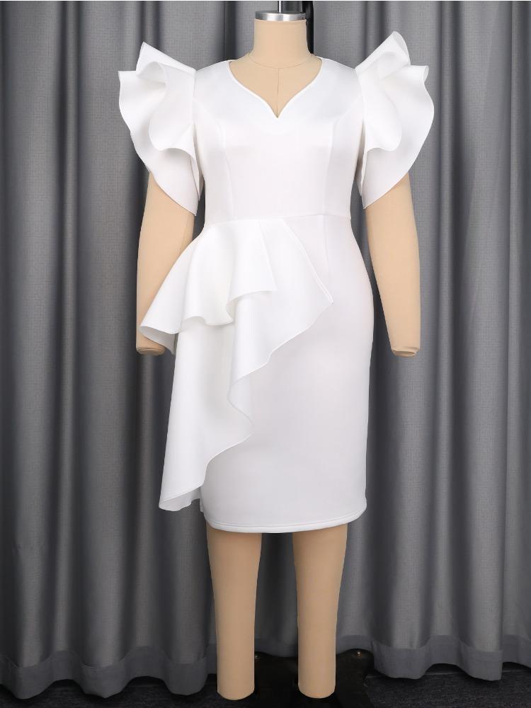 Elegante Damen Bodycon Kleider V-Ausschnitt Kurze Schmetterlingsärmel Patchwork Peplum Hohe Taille Kirche Party Veranstaltungen Anlässe