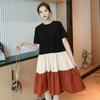 Splicing Contrasting Color Crew Neck T-Shirt Dress Women's Summer Loose Waist Large Size Fashion Foreign Style Over Knee Medium and Long Skirt
