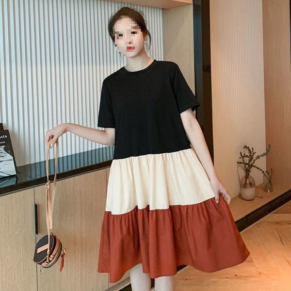 Splicing Contrasting Color Crew Neck T-Shirt Dress Women's Summer Loose Waist Large Size Fashion Foreign Style Over Knee Medium and Long Skirt