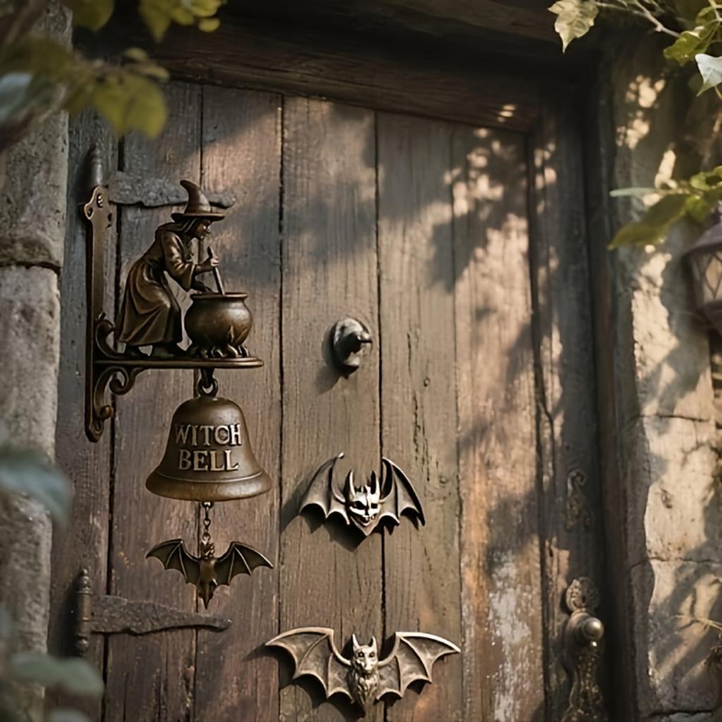 Campanello da Porta Strega in Resina Retrò con Strega a Cavallo di una Scopa, Decorazione da Appendere al Muro per Feste di Halloween, Porta d'Ingresso, Portico, Casa e Decorazione da Parete Interna ed Esterna