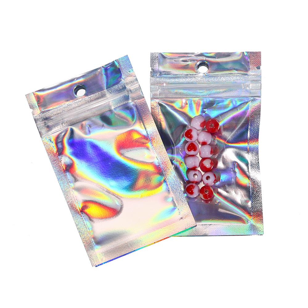 50pcs Self-Sealing Laser Small Plastic Bags for DIY Jewelry Pouch with Clear Display Window Jewelry Packaging Gift Storage Bag
