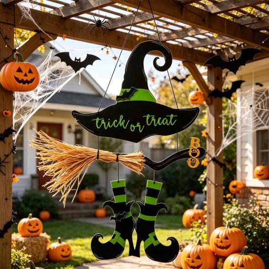 Hanging Wall Decor Halloween Witch Hat Boot Sign, Trick or Treat Decoration Or Sign for Home Room, Wooden Front Door Hanger Holiday Party,