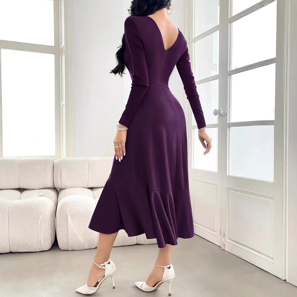 Herbst Winter elegant einfarbig locker Maxikleid O-Ausschnitt Langarm Rüschen A-Linie Partykleider für Damen Kleidung lila vestidos
