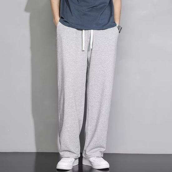 Men Cargo Pants Drawstring Elastic Waist Solid Color Thin Pockets Loose Straight Wide Leg Sport Trousers Daily Wear Casual Pants