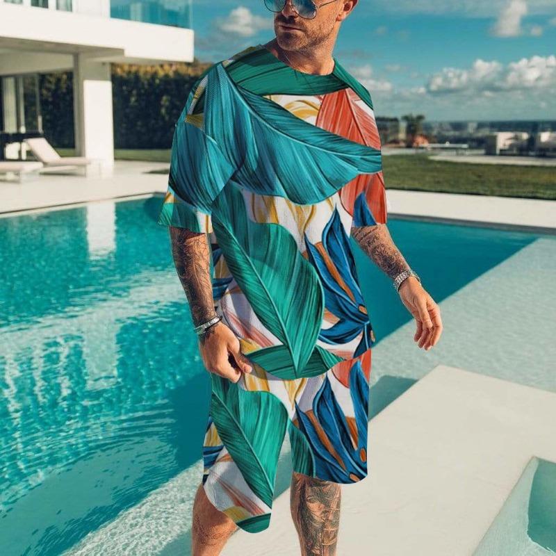 Men's Hawaiian Full Print Suit Casual T-shirt Beach Pants Suit