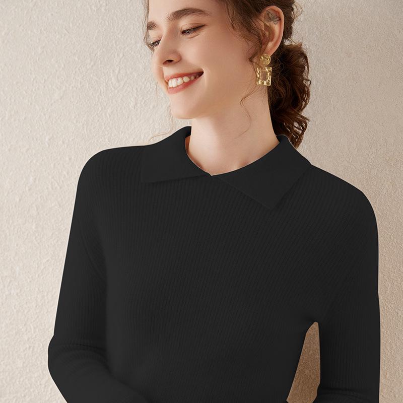Women's Slimming Versatile Cashmere Polo Neck Pullover with Slit Lapel and Long Sleeves
