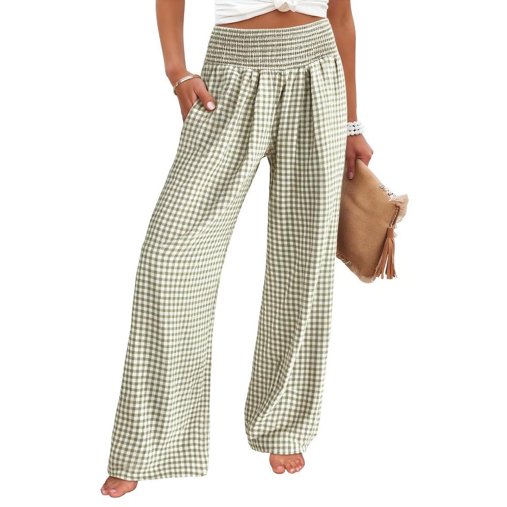 Plaid Wide-leg Pants, High-waisted, Slimming, Fashionable and Casual, Stretched-waist Pocket Trousers