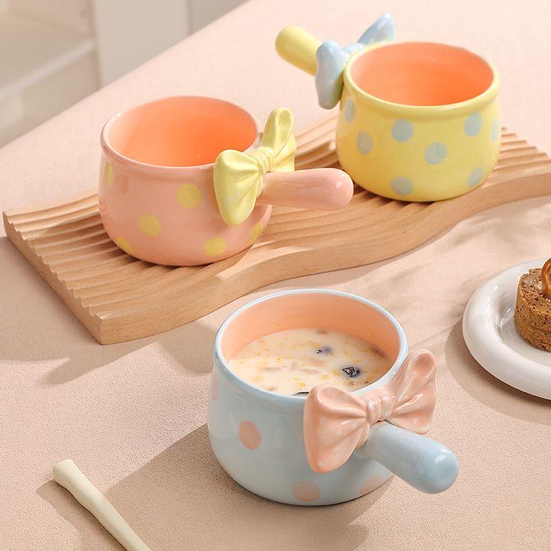 Cute Bowknot Ceramic Bowl with Handle, Aesthetic Salad, Dessert & Breakfast Oatmeal Bowl