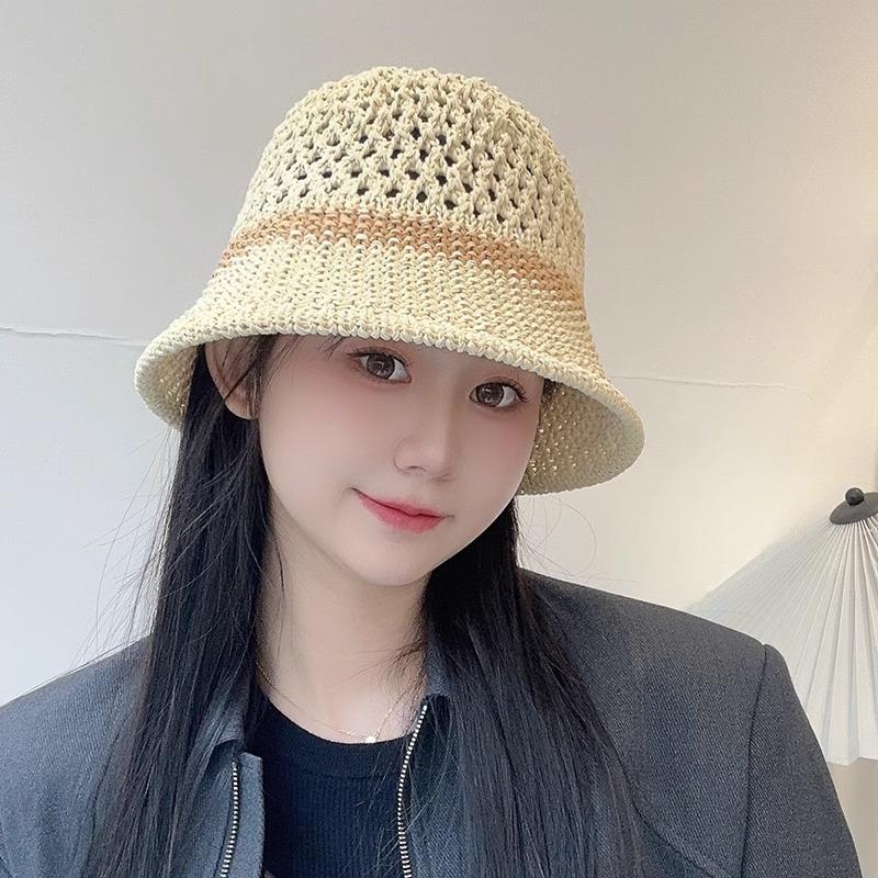 

Straw hat women s versatile splicing hollow bucket hat summer outdoor beach hat showing face small sunshade basin hat 54-58cm (non-adjustable)