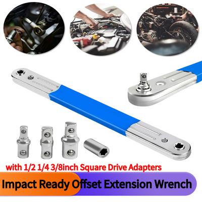 Ratchet Spanner & 1/2 1/4 3/8inch Square Drive Adapters Offset Ratchet Spanner Tight Reach Extension Wrench Set for Tight Spaces