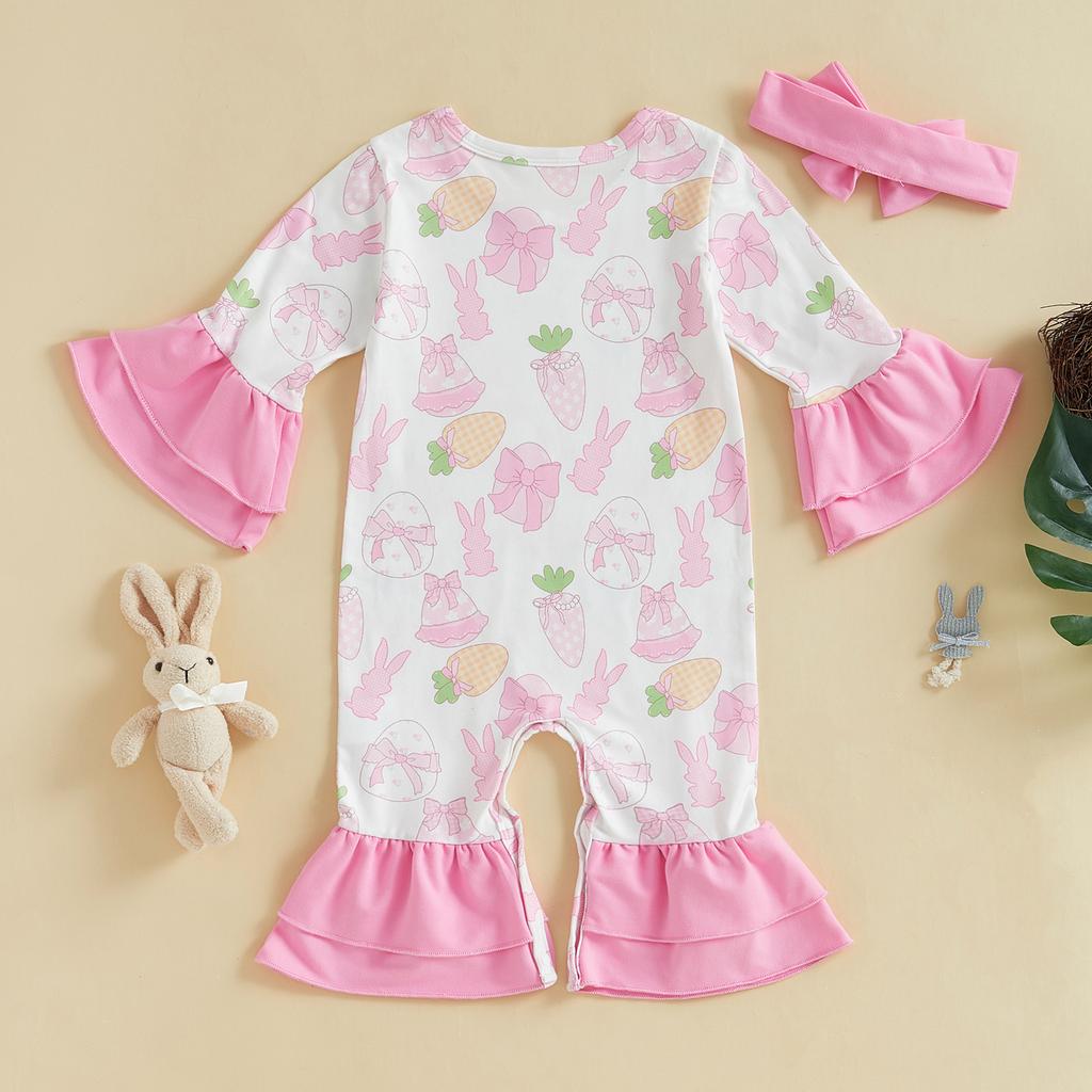 Baby Mädchen Strampler Osterkleidung Hase Karotte Ostereier Druck Rüschen Langarm Frühling Bodys mit Stirnband