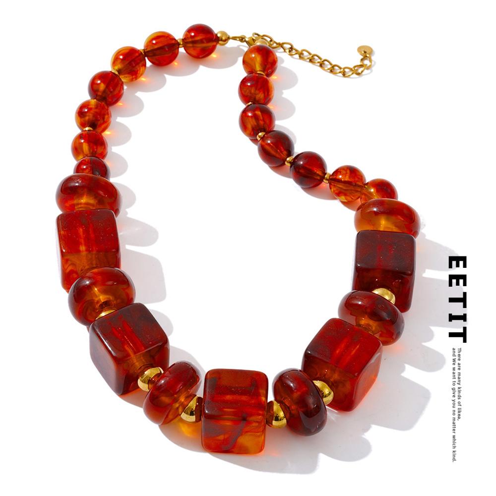 Eetit 2025 Acrylic Square Round Beads Chain Handmade Necklace Stainless Steel Autumn Winter Statement Jewelry Exclusive Style
