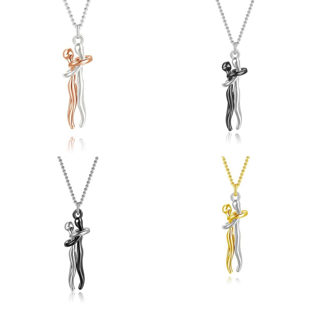 Romantic Couple Embrace Necklace Geometric Design 925 Silver Pendant Necklace