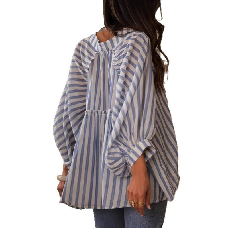 Women's Striped Long Sleeve Blouse Oversized Loose Fit Casual Shirt