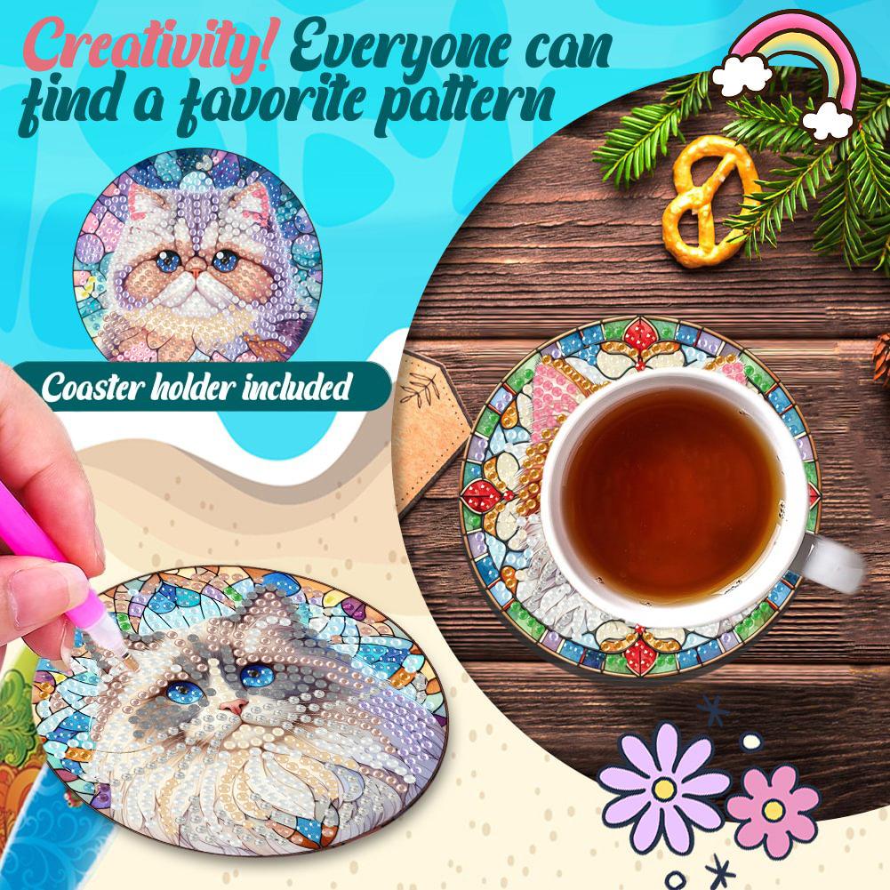 8Pcs Wooden Summer 5D Diamond Painting Kits DIY Coaster Diamond Dot Kits Round Diamond Art Coasters for Adults Beginners