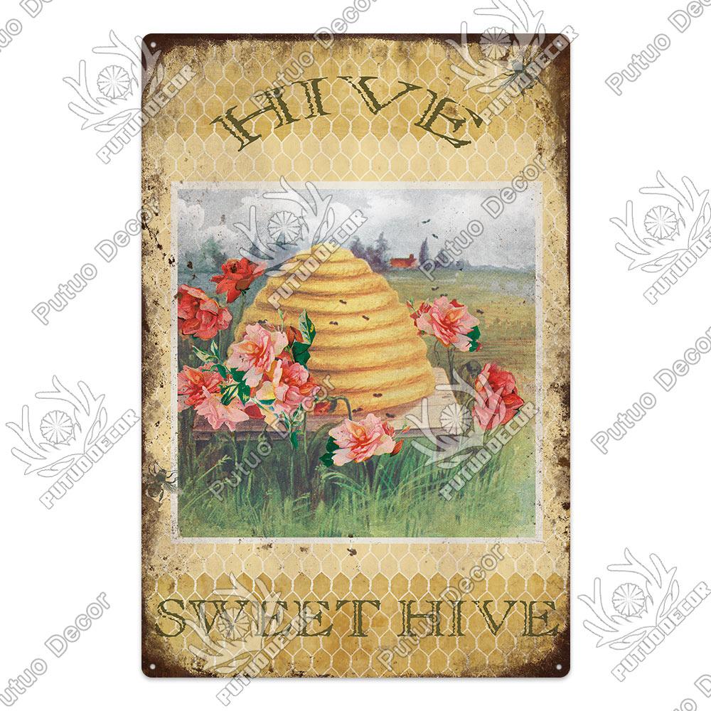 Putuo Decor Bee Vintage Metal Plaque Tin Sign Sweet Poster Wall Decoration For Garden Farm Decorative Living Room Home Decor
