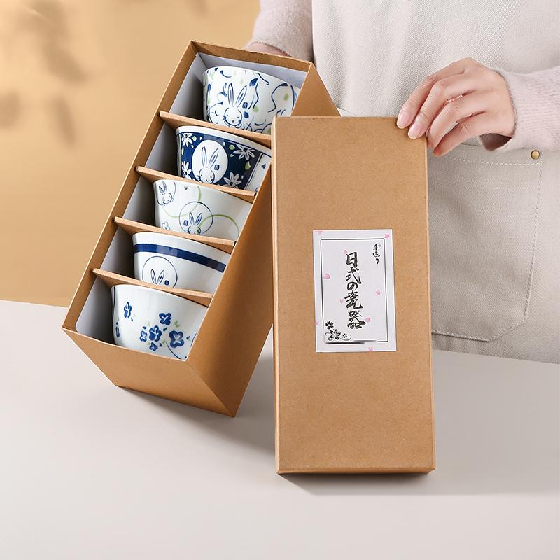 

Набор из 5 японских мисок для риса, керамическая миска для супа, каши, овсянки, мультяшный кролик, подарочная столовая посуда, набор мисок для сервировки 4,5 дюйма 4.5 inch синий