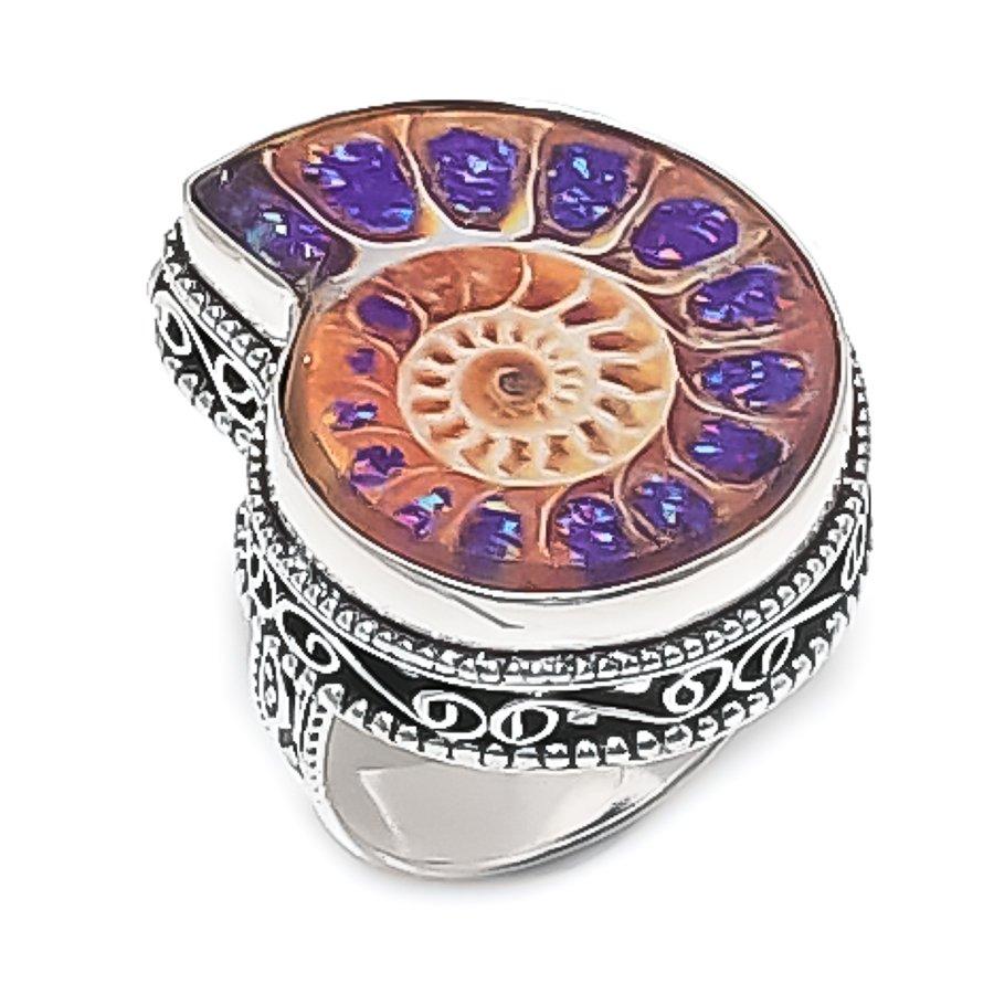 

Natural Ammonite Fossil Gemstone 925 Sterling Silver Jewelry Ring Size 9 ETC-13295