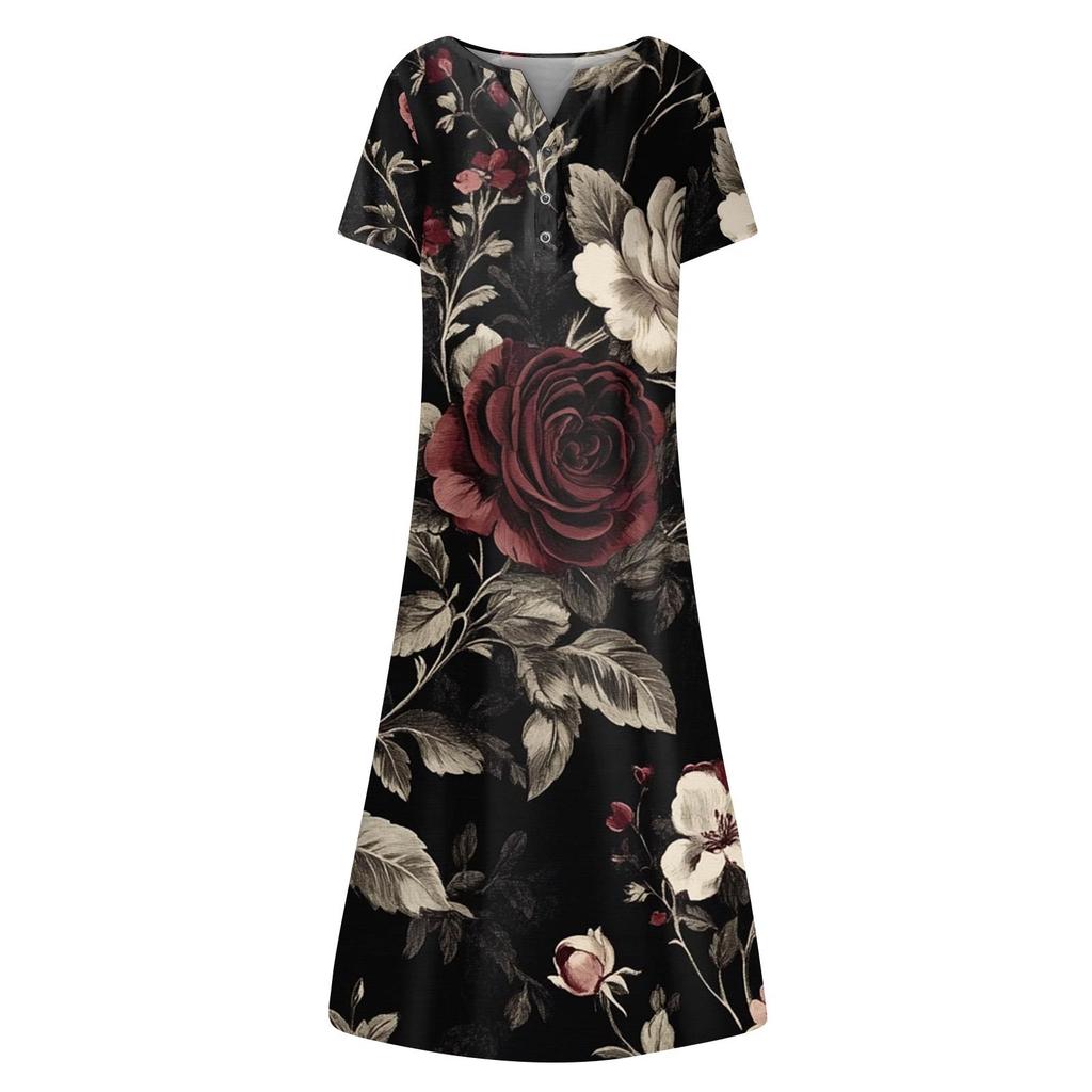 Abito scampanato a maniche corte con scollo a V stampato casual estivo da donna