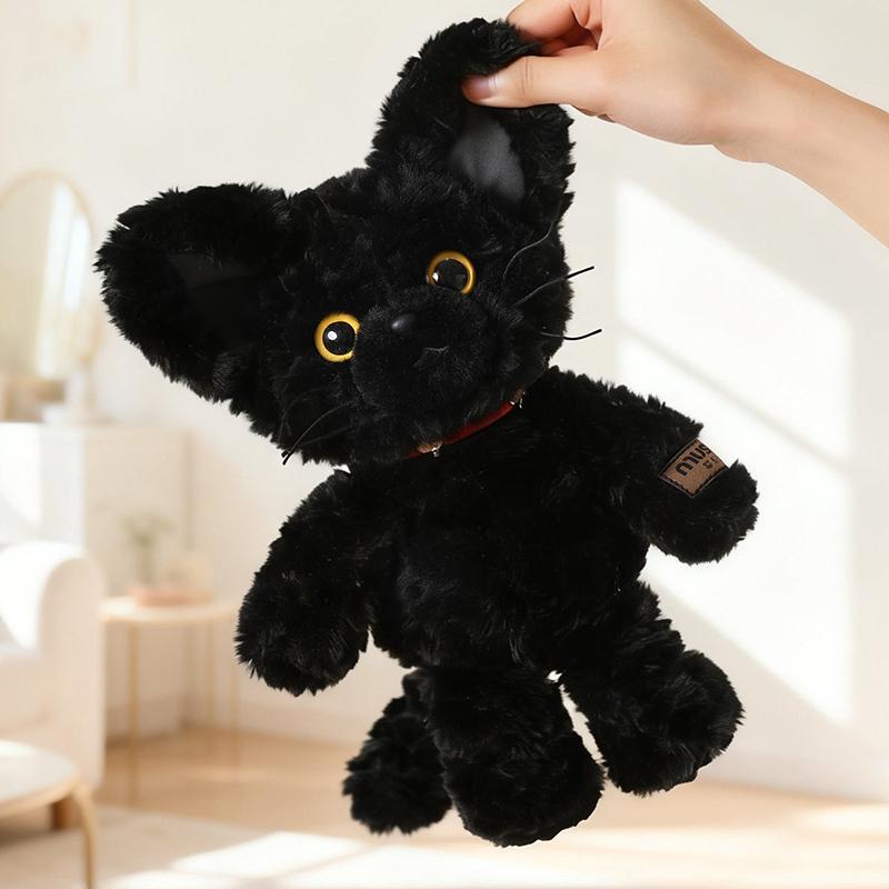 Super Cool Black Cat Plush Toys Handmade Fluffy Anime Sitting&Standing Pose Kitten Doll Cozy Kids Hugging Doll Room Decor