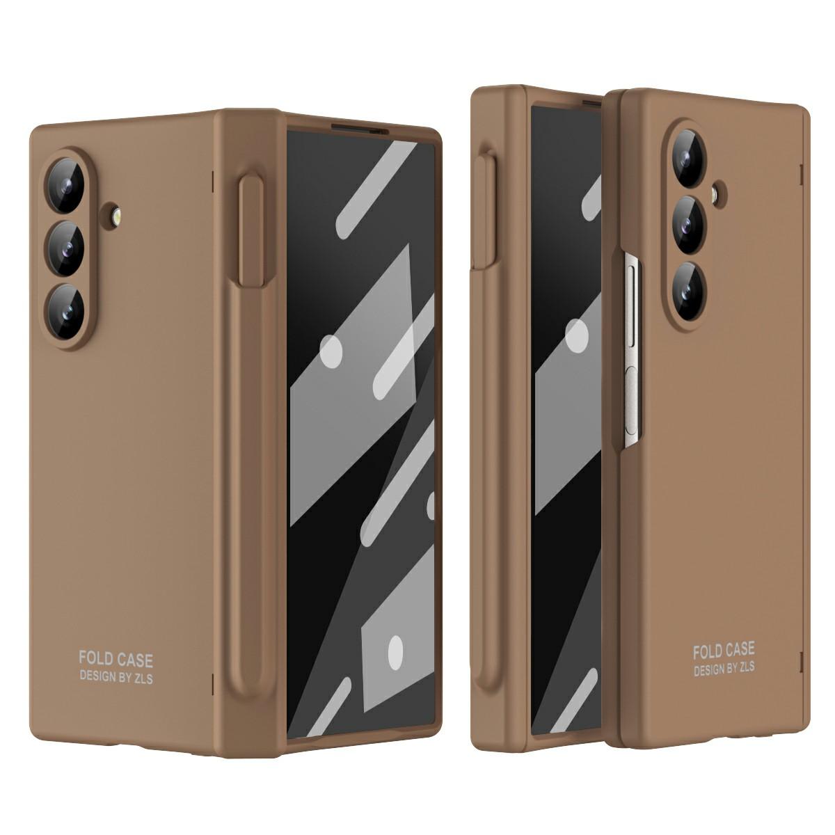 

For Samsung Galaxy Z Fold7 5G Case Folding PC Phone Cover with Stylus/Tempered Glass Film Brown