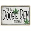 1pc The Doobie Den "Let's Get Lit" Vintage Metal Sign – Retro Weed-Themed Wall Art with Green Leaves, Aluminum Home Decor