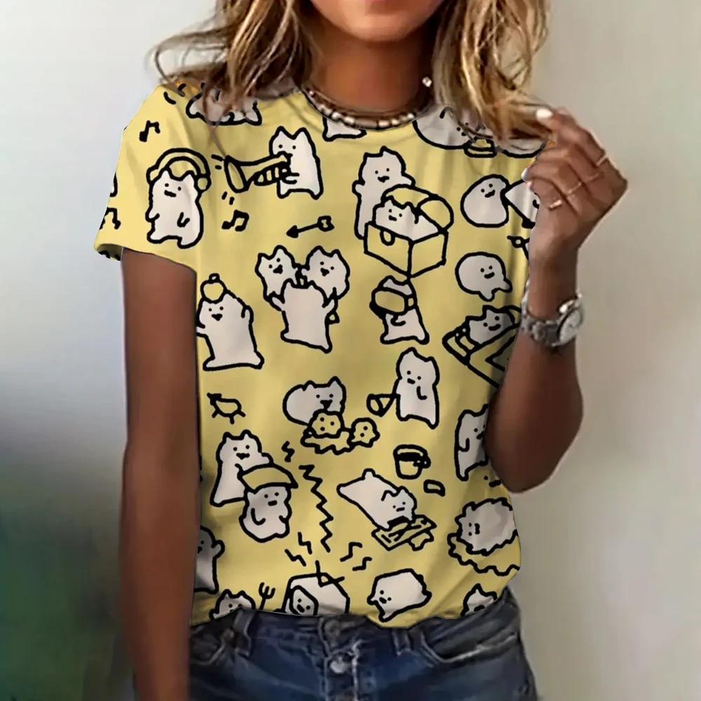 Summer Round Neck 3D Cat Print Top Fashionable Casual Short Sleeved Women's T-shirts