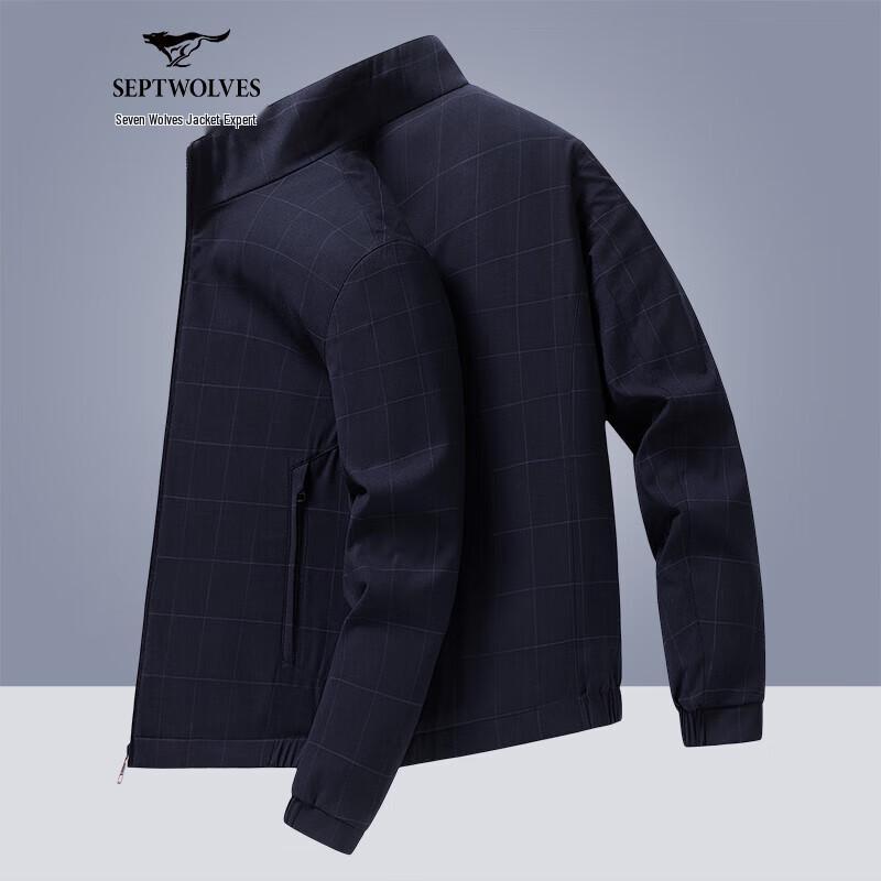 Septwolves Men's Classic Plaid Stand Collar Windproof Casual Jacket
