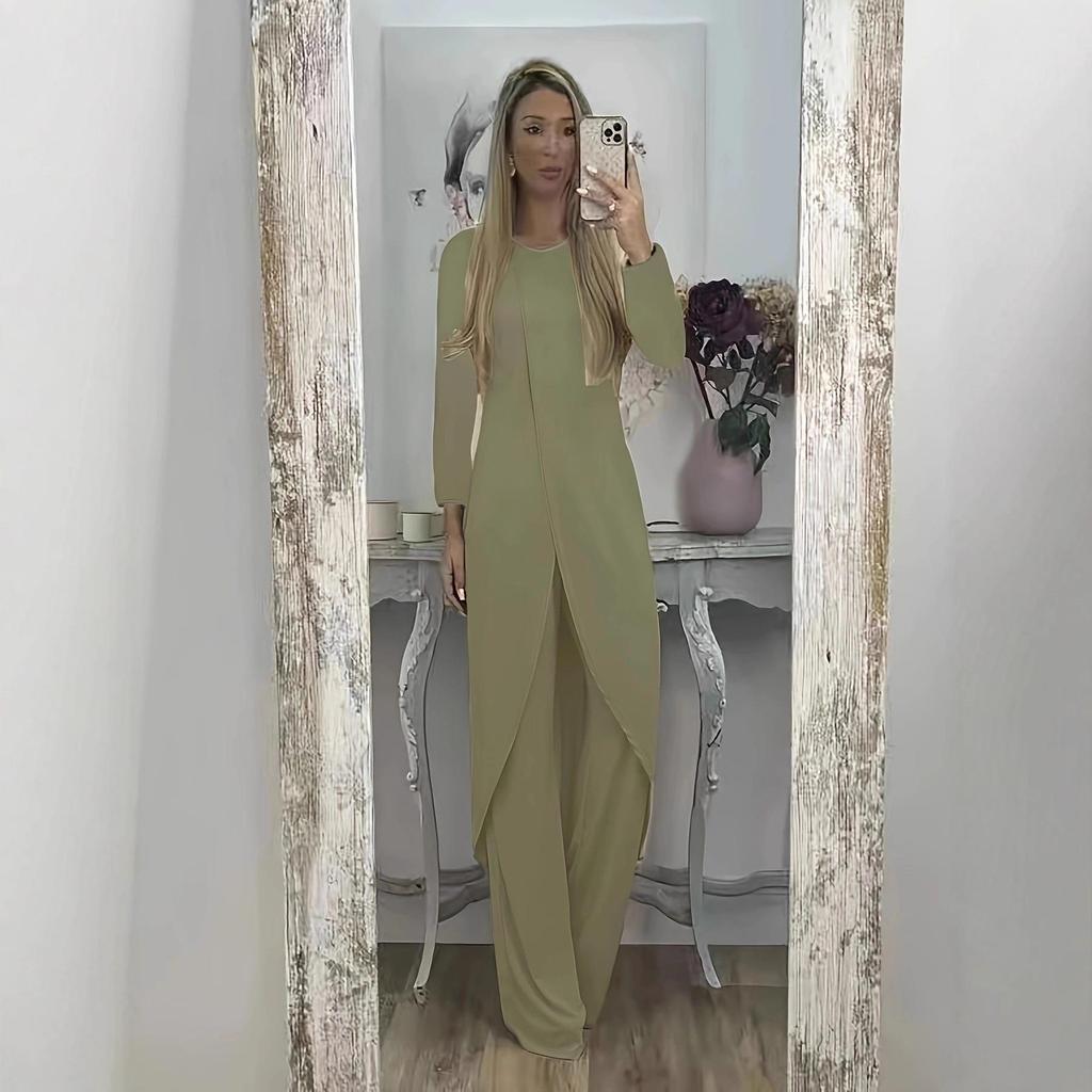 Set Due Pezzi Casual Lungo alla Moda Europeo & Americano 2025 per Donna - Autunno/Inverno, Vestibilità Larga, Girocollo con Pantaloni Lunghi