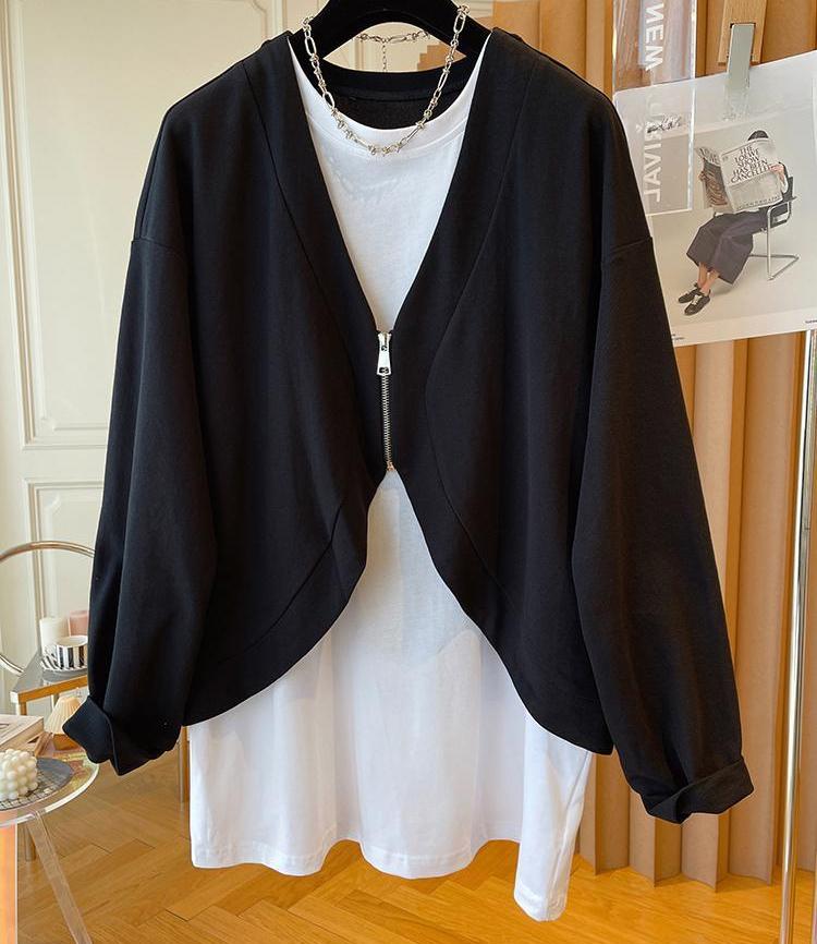 

Женский свитшот большого размера в корейском стиле, имитация двойки, осенний, с длинным рукавом, повседневный, свободный худи, на молнии, топ, пуловер оверсайз XL