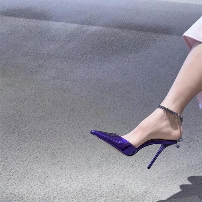 Fashion One-line Chain Rhinestone Baotou Sandals Women's New Pointed Toe Shallow Mouth Stiletto Temperament High Heels