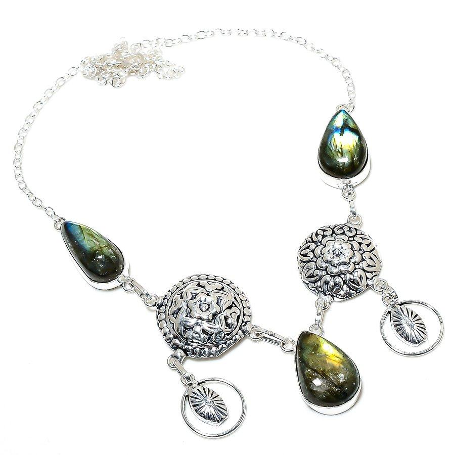 

Natural Labradorite Gemstone Handmade 925 Sterling Silver Necklace 18 I7A90