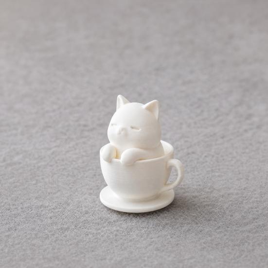 yangyizhi 3D Printed Cute Cat Teacup Figurine, Mini Animal Statue Healing Decor Ornament, Smooth White Desktop Sculpture with Integrated Stable Base,