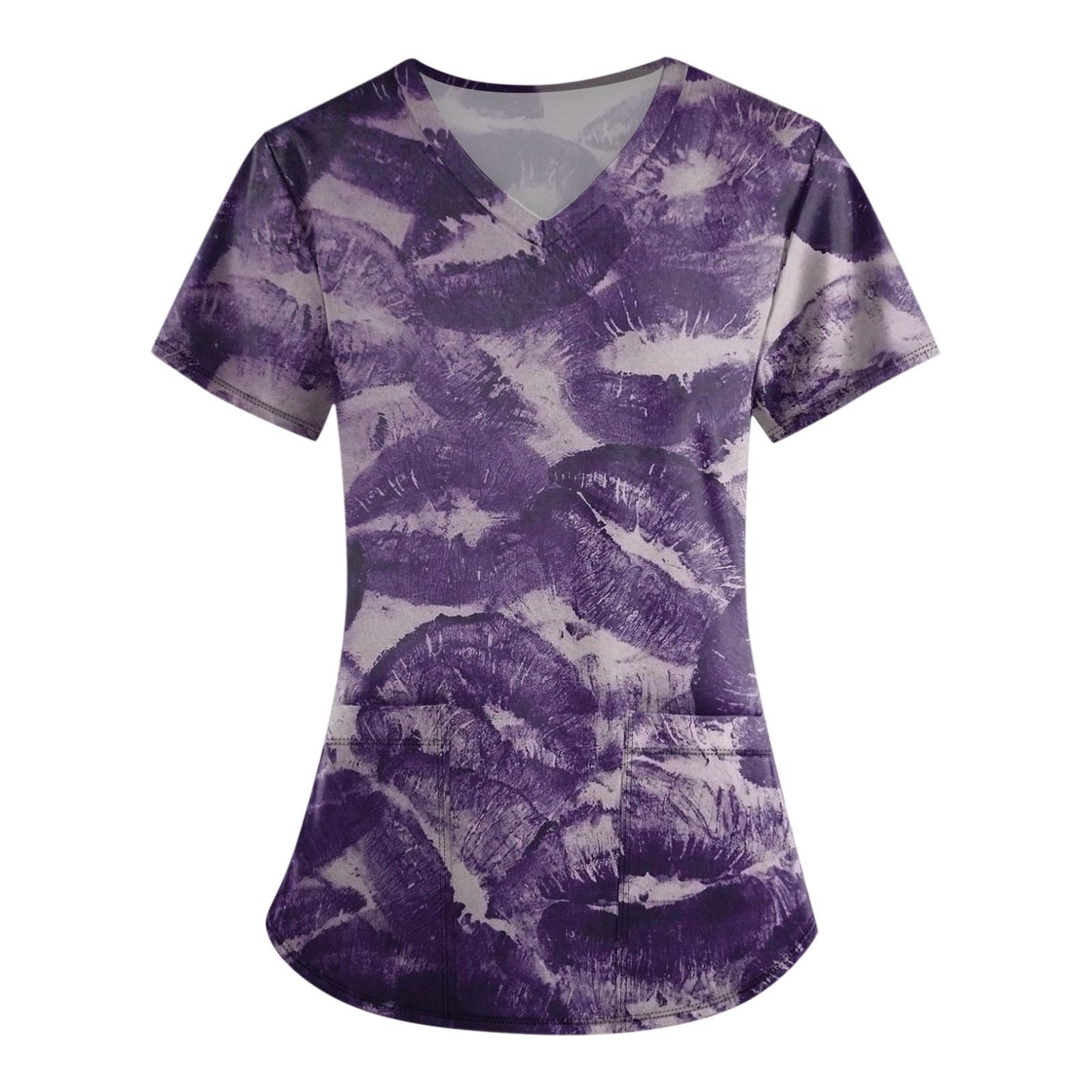 

Женские модные топы с короткими рукавами и V-образным вырезом с принтом, рабочие футболки с карманами XXXL фиолетовый