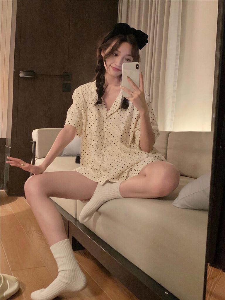 Full of polka dots Korean version ins style pajamas women's summer short-sleeved shorts set student dormitory can wear loungewear outside