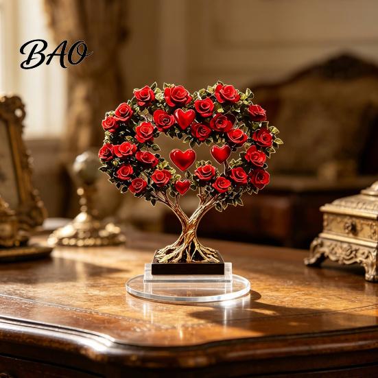 Realistic Rose Ornament Acrylic Ornament, 2D Flat Flower Decoration with Base, Table Centerpiece Romantic Desktop Decor for Home Shelf Cabinet
