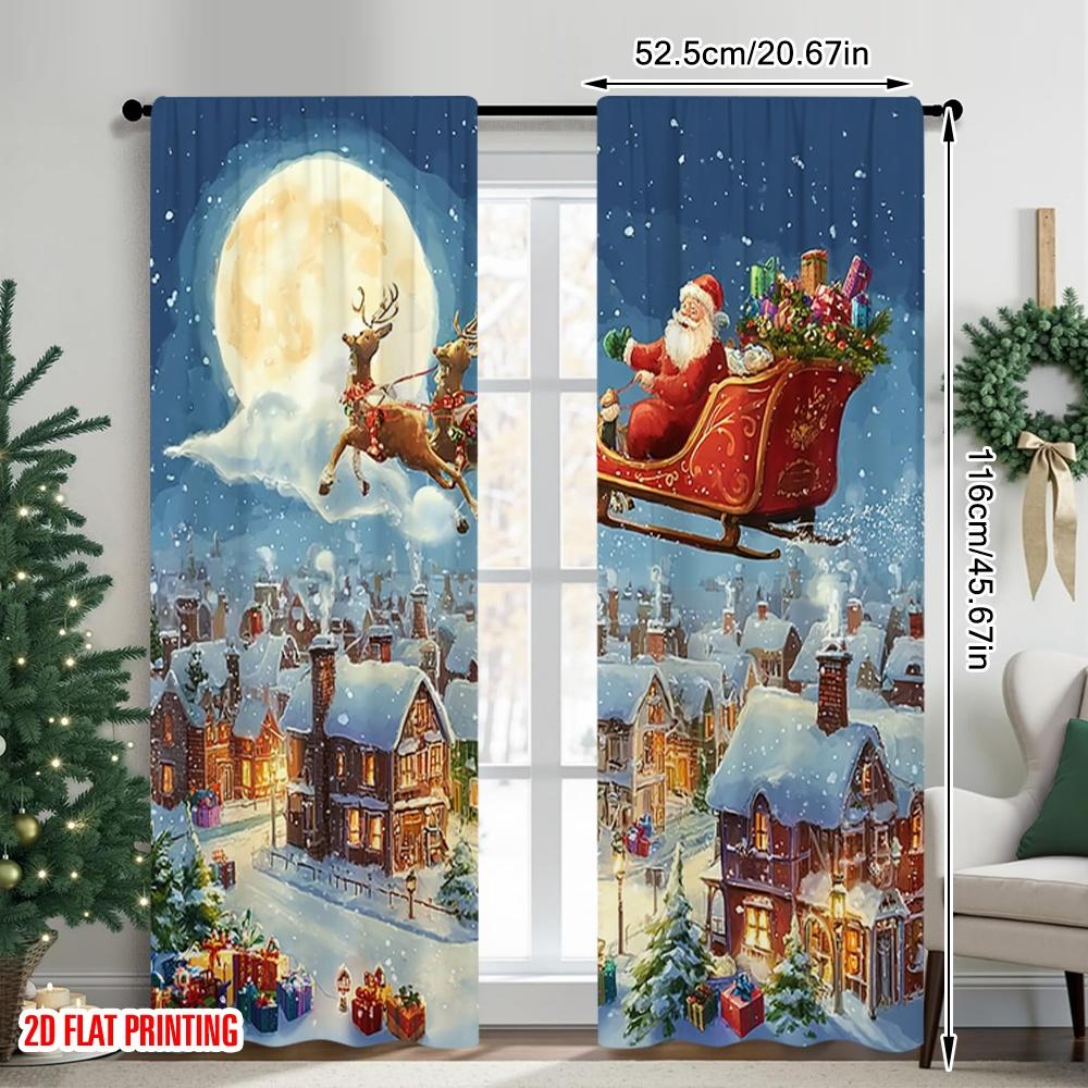 2pcs 2D flat printing Merry Christmas Popular Curtain Christmas Santa Sleigh Town Night 100% Polyester Fabric Without
