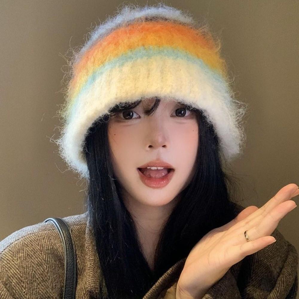 Colorful Striped Knitted Hat Ear Protection Woolen Bucket Cap New Knitted Bonnet Hat  Unisex