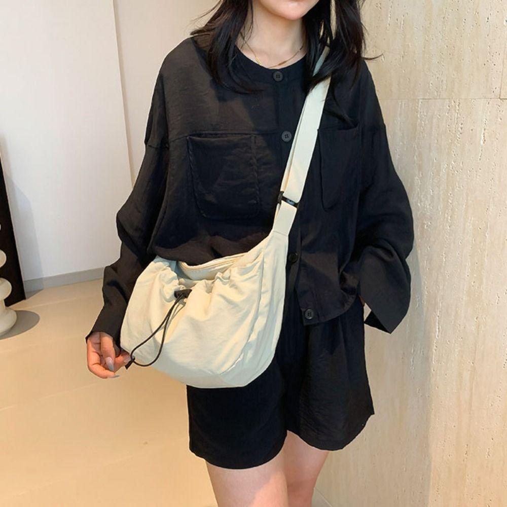 Solid Color Drawstring Bucket Bag Adjustable Shoulder Straps Canvas Crossbody Bag Office Worker