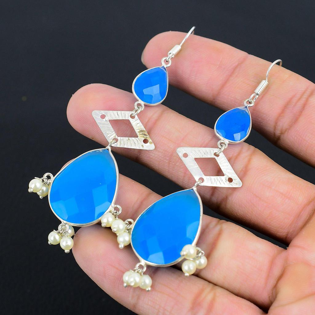 Halloween Sale 925 Sterling Silver Natural Blue Sapphire Drop Earrings Jewelry