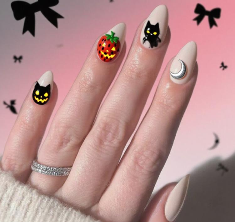 Nail Art Halloween Cute Black Cat Moon Pumpkin Long Almond Wearing Nail Pads