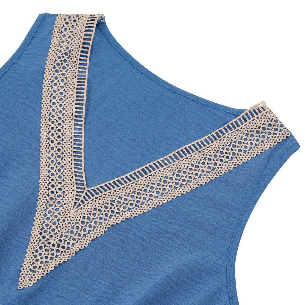 Damen Frühling Einfarbig Spitze V-Ausschnitt Ärmelloses Kleid Sommer Lässig A-Linie Hohe Taille Über Dem Knie Gürtel Kurze Kleider S-XL