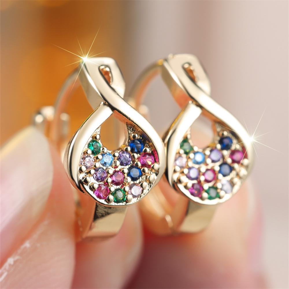 Geometric Small Stone Rainbow Crystal Hoop Earrings For Women Vintage Gold Silver Color Ear Buckle Wedding Jewelry Bridal Gifts