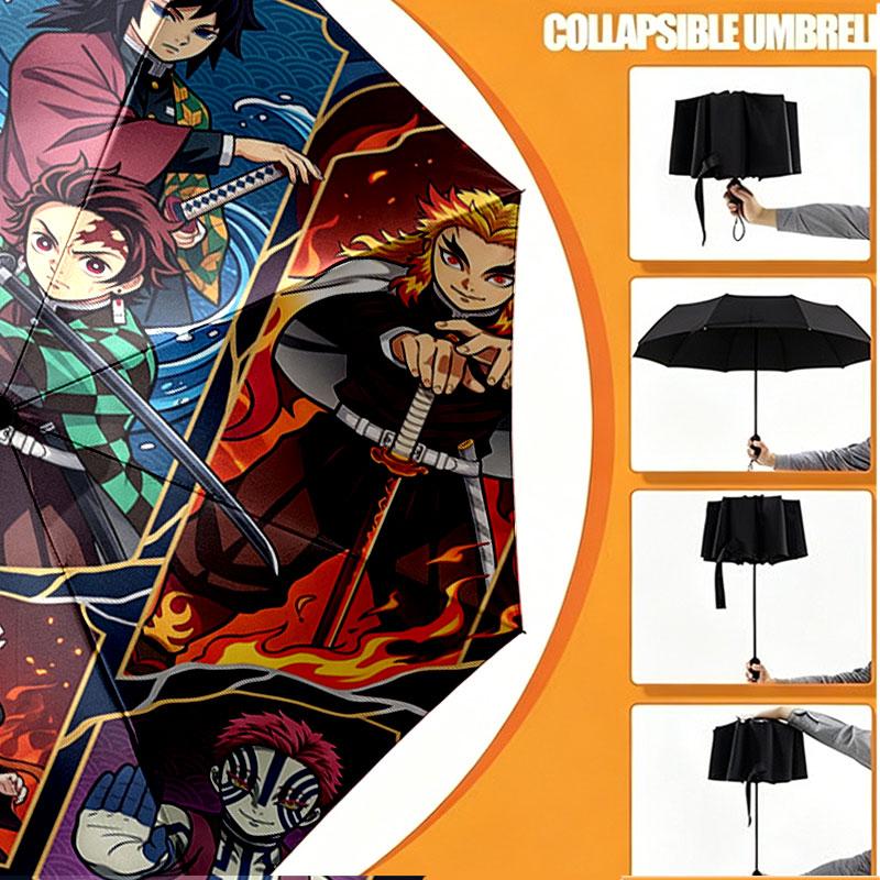 Custom Name Personalized Demon Slayer Print Umbrella, Auto Open Close, 8‑Rib Sturdy Frame, Commute Camping Hiking Use, Birthday Gift