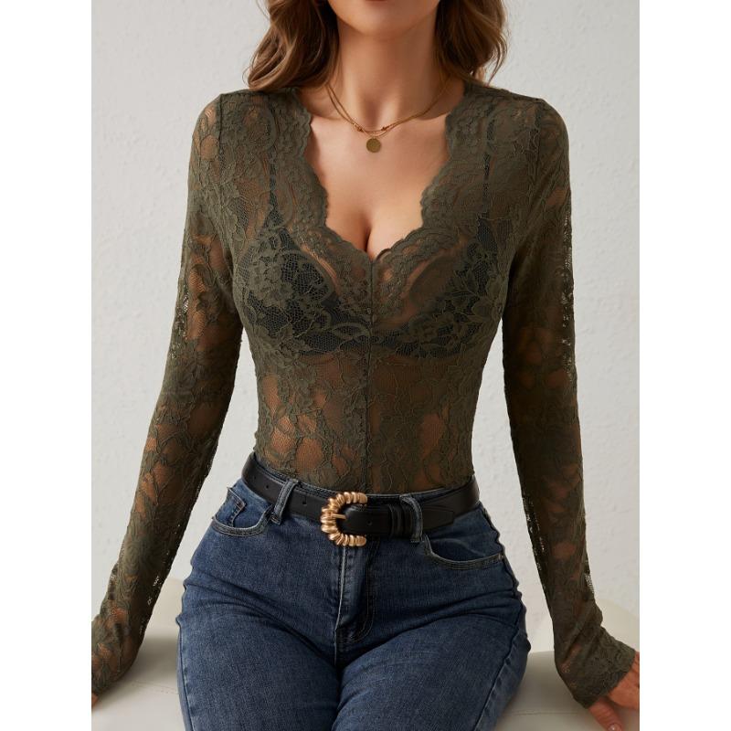 Sexy Single-layer Lace-trimmed Base Tops for Spring and Autumn Women's T-Shirts
