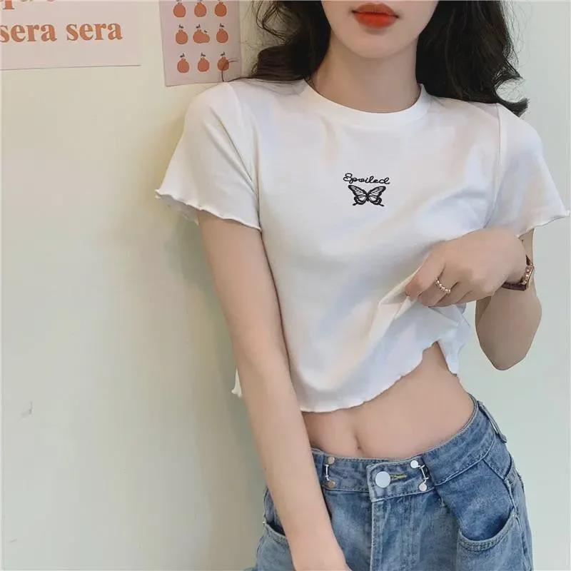 Summer 2025 Women's High-Waist Slim Fit Butterfly Embroidered Crop Top