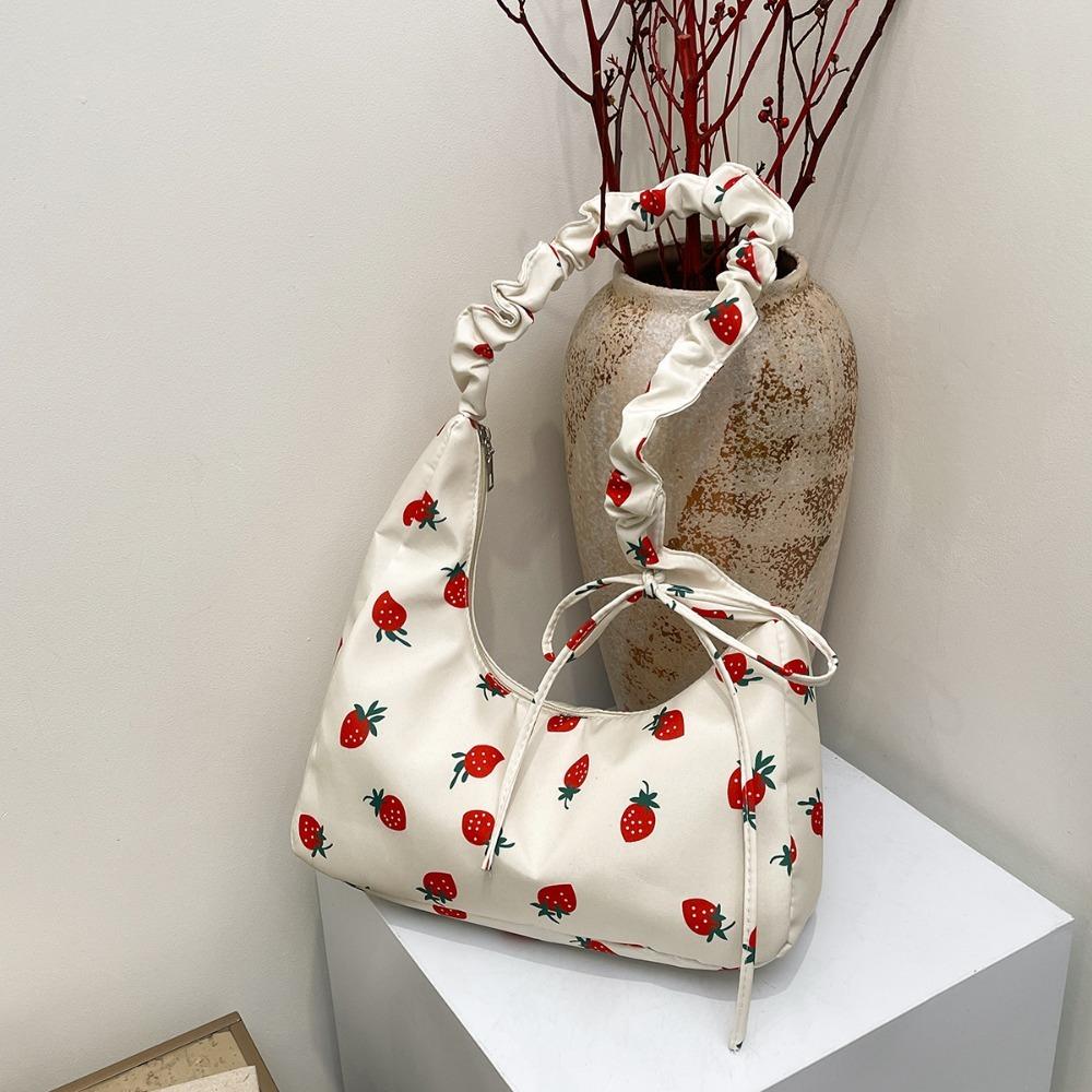 Cute Strawberry Printing Tote Bag Sweet Cherry Underarm Bag Portable Drawstring Shoulder Bag Girls