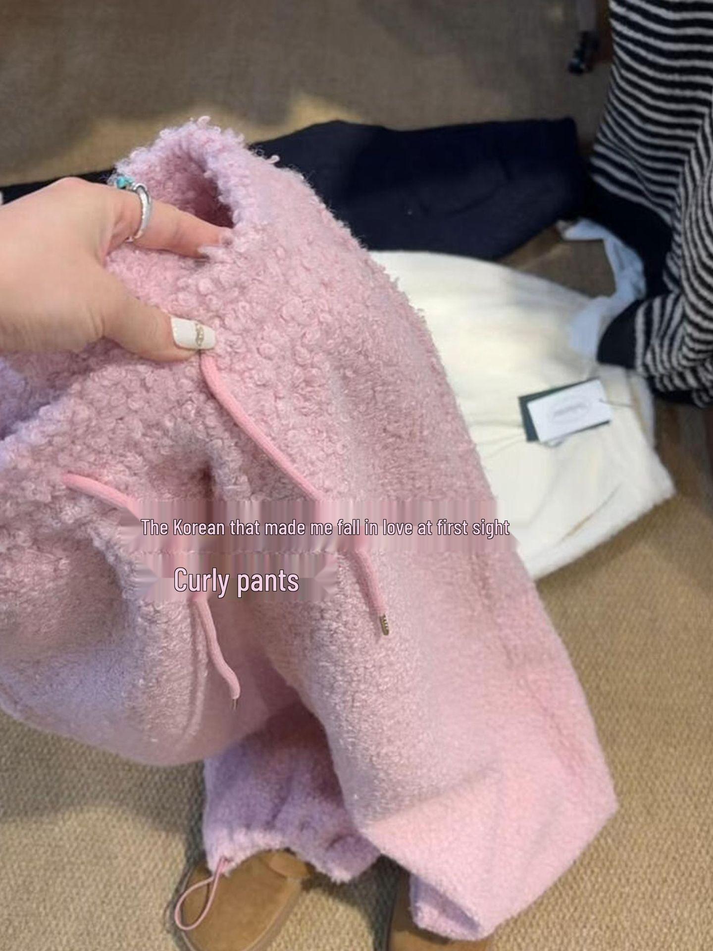 

Plus Size Pink Lamb Wool Sweatpants for Women - Korean Style, Winter Warm, Comfortably Loose Fit 2X Large розовый